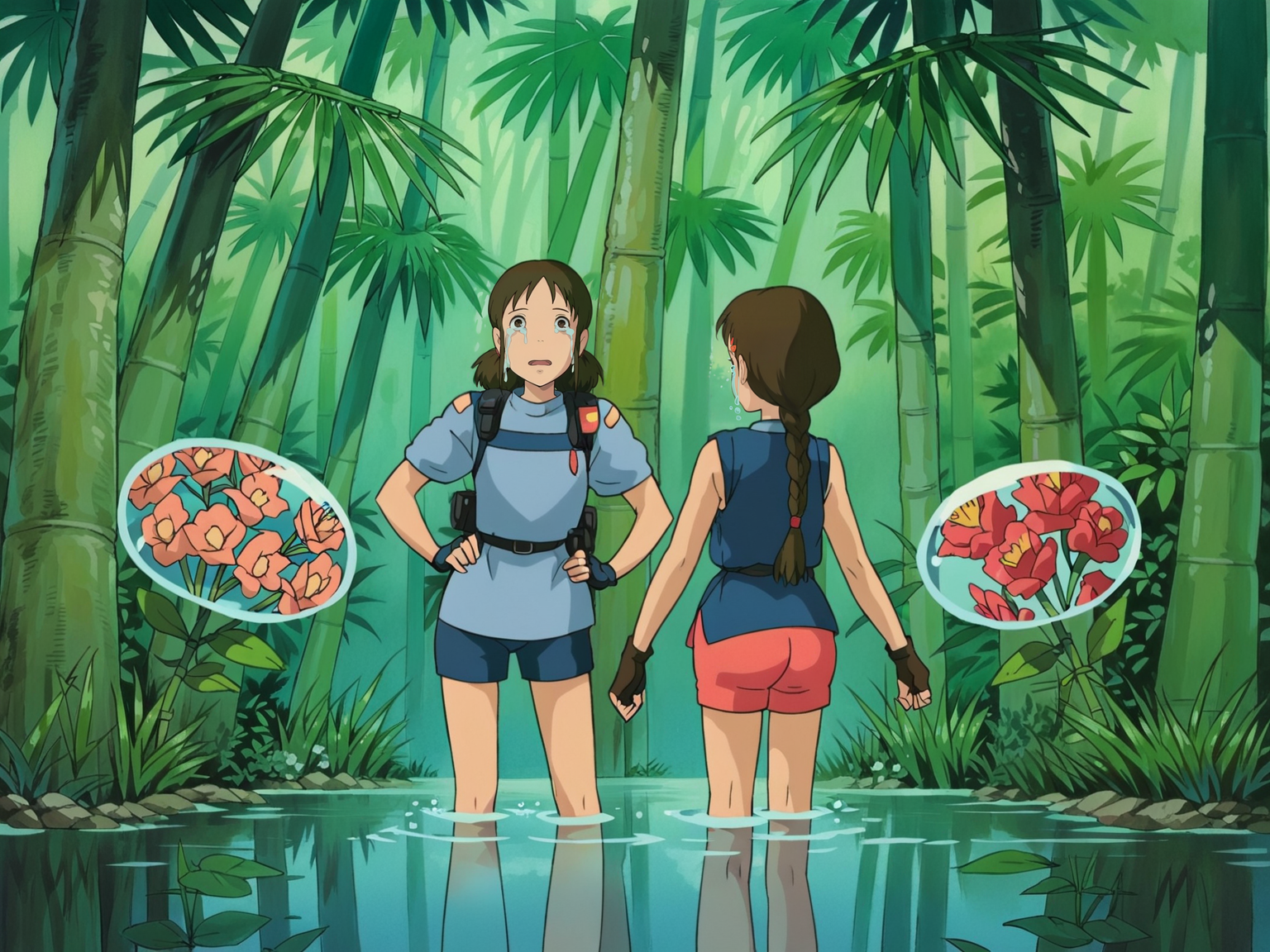 4girls air_bubble android ass bamboo bamboo_forest black_gloves braided_sidelock bubble chinese_clothes crying crying_with_eyes_open different_reflection dress fingerless_gloves flower forest gloves green_eyes green_hair hair_ornament hairclip hand_up looking_at_another multiple_girls multiple_persona nature official_alternate_costume open_mouth photo_(object) police police_uniform policewoman reflection ripples robot_girl shorts sleeveless smile tears twintails underwater uniform white_dress white_flower, <lora:StudioGhibliUltimateV3:0.8>, score_9, score_8_up, score_7_up