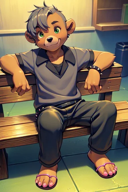 Digital furry portrait, barefoot furry character, full body, solo, furry male
beefy bear boy, school uniform, long pants, sitting on the bench in lockers room, goth accessories, troublemaker, nike flip flops or slides, short mohawk hair style, bluish gray hair, two earings on one ears, rock bracelet with spikes
nice paws with short claws BREAK, hi res, detailed background, 8k, masterpiece, (relaxed angles and pose:1.2), (masterpiece:1.5), concept art, intricate details, highly detailed, photorealistic, octane render, 8k, unreal engine, best quality, highres, (realistic face:1.1), (hyperrealistic:1.1), ((full_body)), perfect green eyes, (((perfect hands))), low ligth:1.2