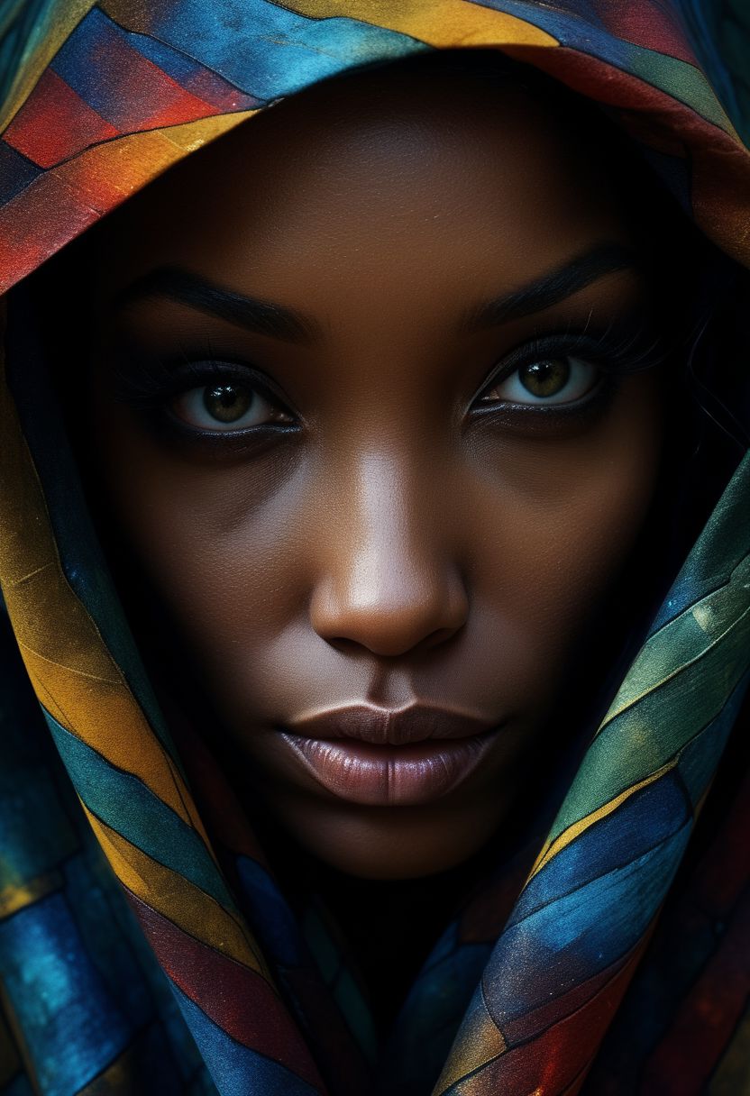 Close-up face, mysterious silhouette of an exotic coloured woman in worn down cape, goddess, alluring, by Minjae Lee, Carne Griffiths, Emily Kell, Steve McCurry, Geoffroy Thoorens, Aaron Horkey, Jordan Grimmer, Greg Rutkowski, amazing depth, double exposure, surreal, geometric patterns, intricately detailed, bokeh,  perfect balanced, deep fine borders, artistic photorealism , smooth,  great masterwork by Suiras  <lora:add-detail-xl:2>  <lora:Double_Exposure:0.5>