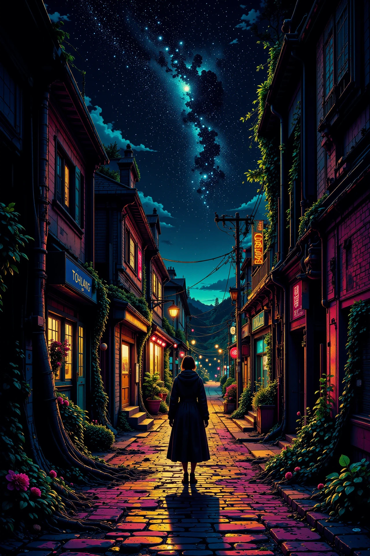 alleyway beautiful  landscape, bright luminous night, woman, very intricate, very detailed, sharp, bright, colorful, <lora:Hand v2:0.5> <lora:Anti-Blur:1><lora:Insane Detail Slider:0.25>  <lora:flux.1_lora_flyway_Epic-detail_v2:0.3> <lora:fluxenhancer:0.25> <lora:ck-Neon-Retrowave:0.4> ck-rw, in the style of ck-rw,  <lora:Neurocore Anime Cyberpunk:0.8> A digital artwork in the style of cknc