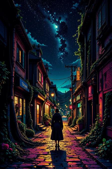 alleyway beautiful  landscape, bright luminous night, woman, very intricate, very detailed, sharp, bright, colorful, <lora:Hand v2:0.5> <lora:Anti-Blur:1><lora:Insane Detail Slider:0.25>  <lora:flux.1_lora_flyway_Epic-detail_v2:0.3> <lora:fluxenhancer:0.25> <lora:ck-Neon-Retrowave:0.4> ck-rw, in the style of ck-rw,  <lora:Neurocore Anime Cyberpunk:0.8> A digital artwork in the style of cknc