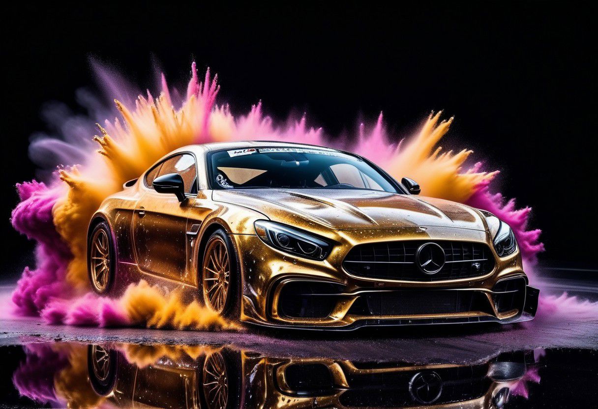 GOLD LIQUID METAL sports car, race car, racing through SILVER LIQUID METAL, liquid metal sprays up from the cars tyres, Car drifting in a black void, huge colourful powder Explosion above the car