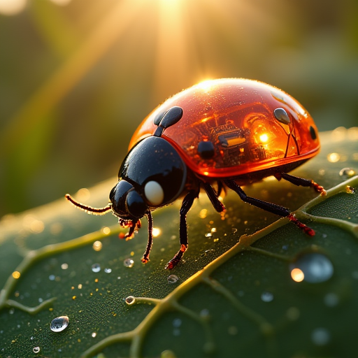 ajspctrbot, Macro shot of a translucent mechanical ladybug resting on a dew-covered leaf at dawn. The early morning sunlight creates a soft, atmospheric glow in the background, casting warm rays through a gentle mist. The ladybug's semi-transparent red-and-black shell glows subtly, revealing intricate cybernetic components inside—micro wires, gears, and blinking nano-lights. Its delicate legs grip the leaf’s textured surface, and tiny bits of digital data flicker along its body like holographic veins. The composition is cinematic and detailed, blending nature and futuristic technology in a serene yet uncanny moment.