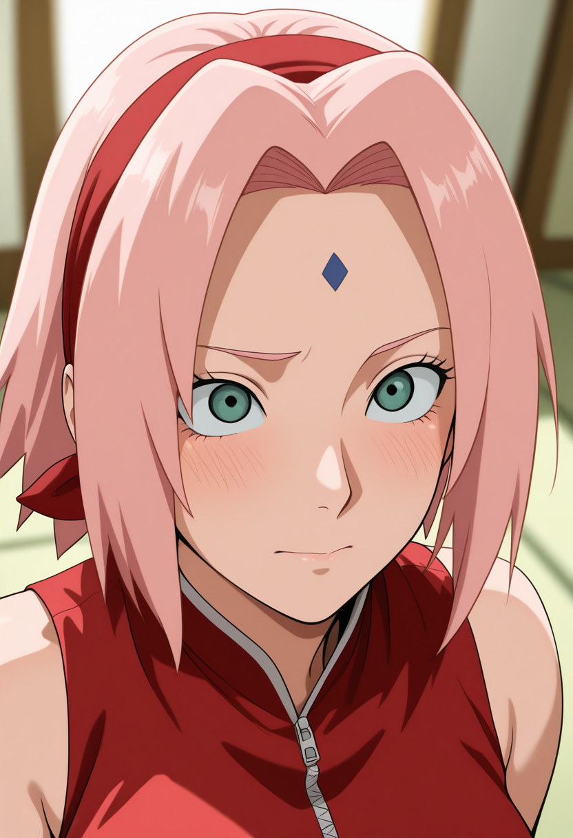masterpiece, best quality, amazing quality, very aesthetic, absurdres, best quality, newest, ultra-detailed,
4k, depth of field, gradual blur, blurry background,
babu_style,
1women, haruno sakura, milf, 40 years old, 120mm,
closed mouth,
green eyes,
hairband,
looking up,
pink hair,
portrait,
red hairband,
red shirt,
shirt,
sleeveless,
solo,
zipper,
zipper pull tab,
 <lora:babu_style_v1.5:1>