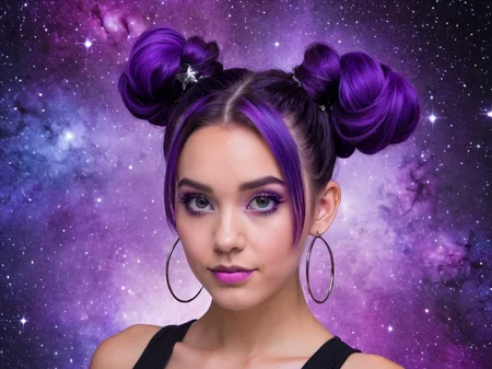 A headshot photo of a female model with bright purple hair styled in space buns, wearing a black crop top. A galaxy-themed background with stars and nebulae.
