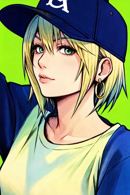 nomura tetsuya, masterpiece, best quality, 1girl, aqua eyes, baseball cap, blonde hair, closed mouth, earrings, green background, hat, hoop earrings, jewelry, looking at viewer, shirt, short hair, simple background, solo, upper body, yellow shirt <lora:nomura_tetsuya_offset:1>