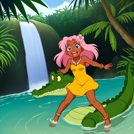 Tick tock crocodile,male animal focus,tail, crocodile open large mouth ,green skin, blue eyes, Tick Tock the crocodile is giant and very huge size,teeth, swimming in water,partially submerged,Tick Tock the crocodile looking at a young girl who she is standing on a tree branch hanging high up. Little_Girl_anime_manga,long hair,pink hair, dark-skinned female,the girl her very smal size, purple eyes, ancient tropical_clothe, chest_band,red very long_dress, jewelry, dark skin, smile, necklace,hair flower, bracelet, anklet, barefoot,open mouth,river,palm trees, jungle,view from above, Disney, waterfall,anime, manga
