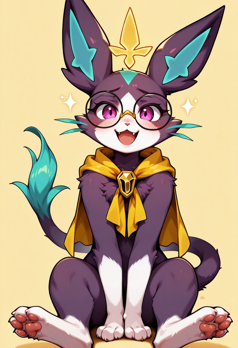 battle principal yuumi, glasses, solo, purple eyes, pawpads, open mouth, round eyewear, tail, blush, smile, looking at viewer, simple background, happy, animal ears, fang, black-framed eyewear, cat tail, yellow cape, body fur, cat ears, sitting, yellow background, whiskers, cape