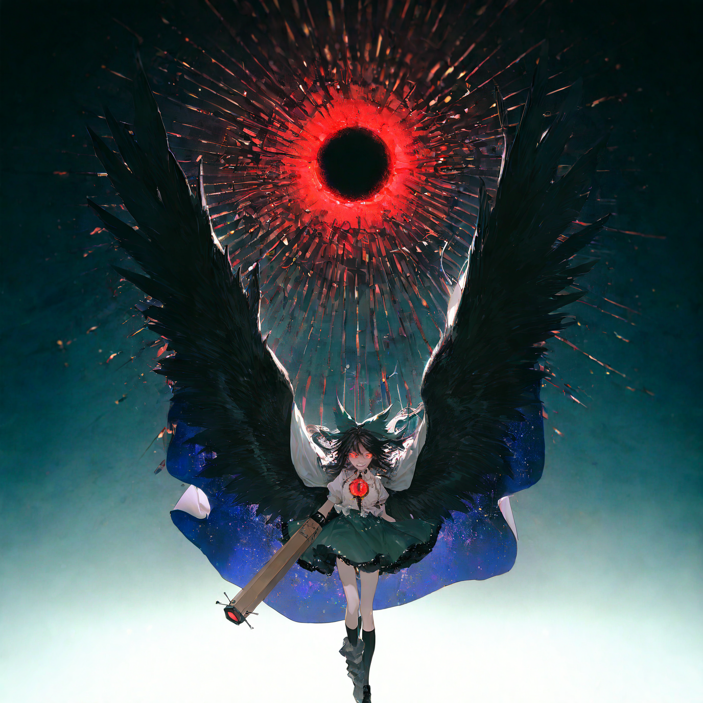 touhou, reiuji_utsuho,1girl,arm_cannon,black_footwear,black_hair,black_socks, black_wings ,bow, cape, clenched_teeth ,control_rod_(touhou), feathered_wings, glowing, glowing_eyes, green_bow ,green_skirt ,hair_bow ,kneehighs, long_hair, looking_at_viewer ,red_eyes ,shirt ,skirt ,socks, solo ,starry_sky_print, sun ,teeth ,third_eye, white_shirt, wings,
rella, rolua, negative space, cinematic shot, very awa, masterpiece, highres, absurdres, newest, wide shot,
 <lora:illustrious_noobai_epsilon_pred_11_very_aesthetic_v1:0.7> ,<lora:USNR STYLE_XL_loha:0.7>
