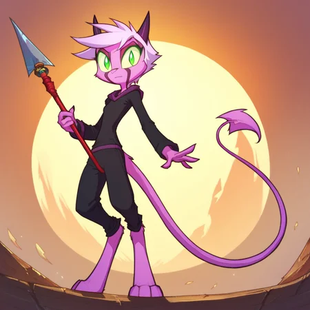 score_9, score_8_up, score_7_up, Dreamkeepers,namah_calah, solo,horns,looking at viewer,tail,standing,detailed backround,green eyes,pink fur, demon tail,<lora:dreamkeepers_multipleCharacters:0.8>,