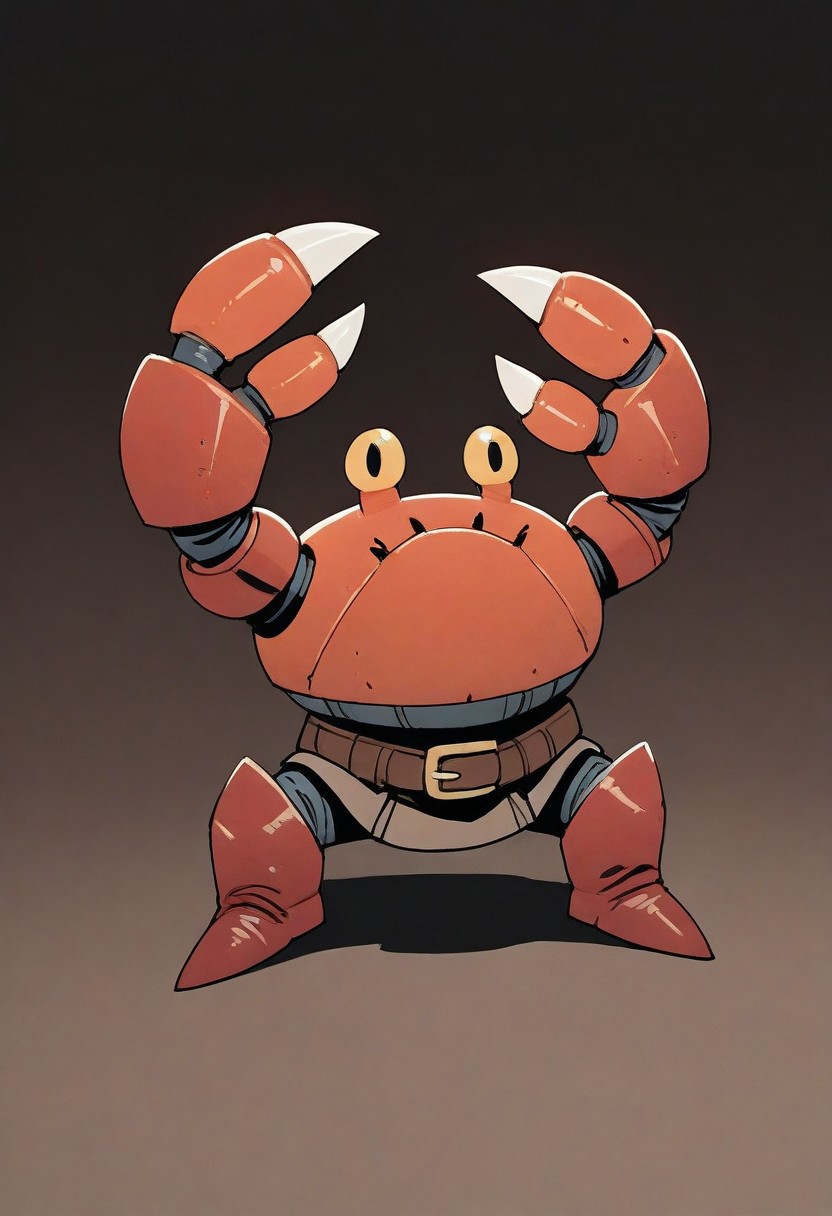 (masterpiece, best quality, high quality, highres), very awa, highres, absurdres, intricate detailed, 
ROOT, solo, full body, close to viewer, (no humans:1.1), eyes, 
1boy, (red crab:1.1), 
red armour, claws, 2 legs, red boots, belt,
posing, battle pose,