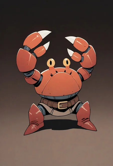 (masterpiece, best quality, high quality, highres), very awa, highres, absurdres, intricate detailed, 
ROOT, solo, full body, close to viewer, (no humans:1.1), eyes, 
1boy, (red crab:1.1), 
red armour, claws, 2 legs, red boots, belt,
posing, battle pose,