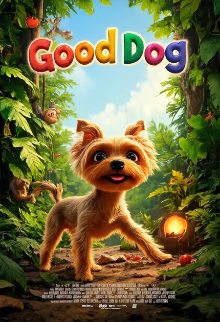 The image shows a vibrant, animated movie poster inspired by the whimsical style of a Pixar film, with a charming Yorkshire Terrier named Allab taking center stage. Allab, with her soft, golden fur and twinkling, expressive eyes, is depicted in a playful stance, ready to strike a pose. Instead of barking, she's wearing a mischievous grin, with her tiny, pink tongue peeking out. Behind her, a lush, verdant jungle unfurls, teeming with life - colorful birds, curious monkeys, and even a friendly, winking frog peeking from behind a giant leaf. The title, "The Good Dog," is written in bold, playful letters, reminiscent of Pixar's iconic typography, arching over Allab like a rainbow, with each letter subtly animated, as if wagging with life. Below, a warm, inviting glow emanates from a cozy, earthen burrow, hinting at the heartwarming adventures and lessons Allab, our unlikely hero, is about to embark on.