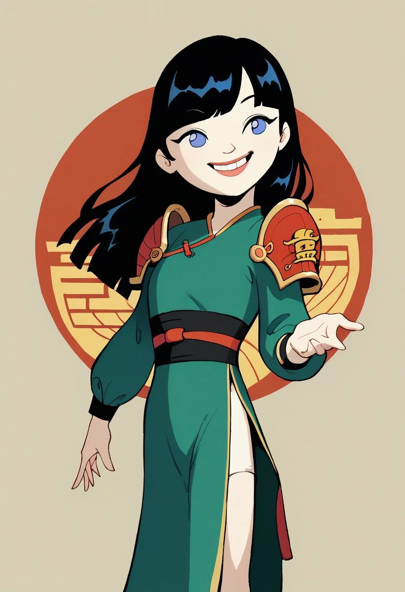 score_9,score_8_up,score_7_up,
,1girl, solo_female, kimiko, black hair, long hair,blue eyes, bangs,
green dress,chinese armor,ancient china,smile