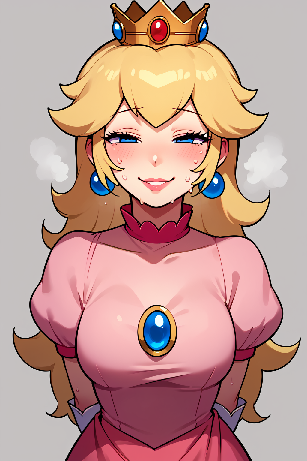 score_9,score_8_up,score_7_up, ntr_face, 1girl, solo, false smile, looking at viewer, standing, sweat, flustered, forced smile, half-closed eyes, arms behind back, simple background, <lora:Netorare_Face_cheating__NTR_-_Pony:0.9> <lora:princess-peach-ponyxl-lora-nochekaiser:1> princess peach, blonde hair, blue eyes, long hair, crown, dress, gem, gloves, pink dress, puffy short sleeves, puffy sleeves, short sleeves, white gloves