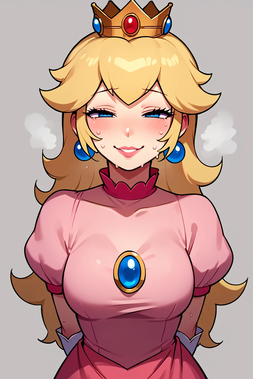 score_9,score_8_up,score_7_up, ntr_face, 1girl, solo, false smile, looking at viewer, standing, sweat, flustered, forced smile, half-closed eyes, arms behind back, simple background, <lora:Netorare_Face_cheating__NTR_-_Pony:0.9> <lora:princess-peach-ponyxl-lora-nochekaiser:1> princess peach, blonde hair, blue eyes, long hair, crown, dress, gem, gloves, pink dress, puffy short sleeves, puffy sleeves, short sleeves, white gloves