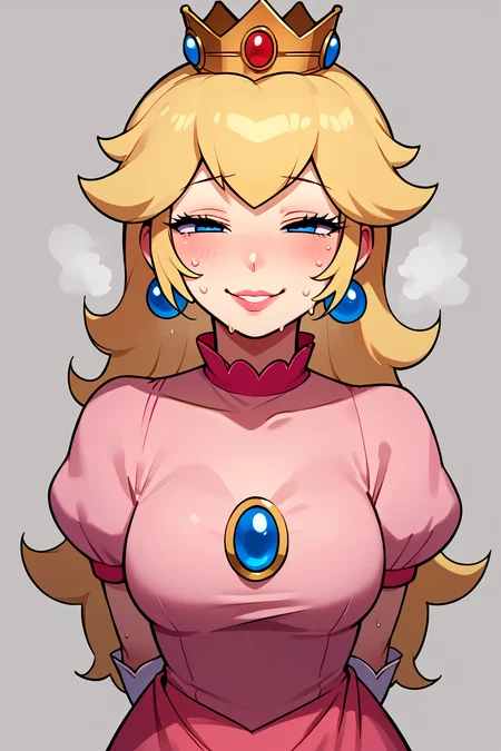 score_9,score_8_up,score_7_up, ntr_face, 1girl, solo, false smile, looking at viewer, standing, sweat, flustered, forced smile, half-closed eyes, arms behind back, simple background, <lora:Netorare_Face_cheating__NTR_-_Pony:0.9> <lora:princess-peach-ponyxl-lora-nochekaiser:1> princess peach, blonde hair, blue eyes, long hair, crown, dress, gem, gloves, pink dress, puffy short sleeves, puffy sleeves, short sleeves, white gloves