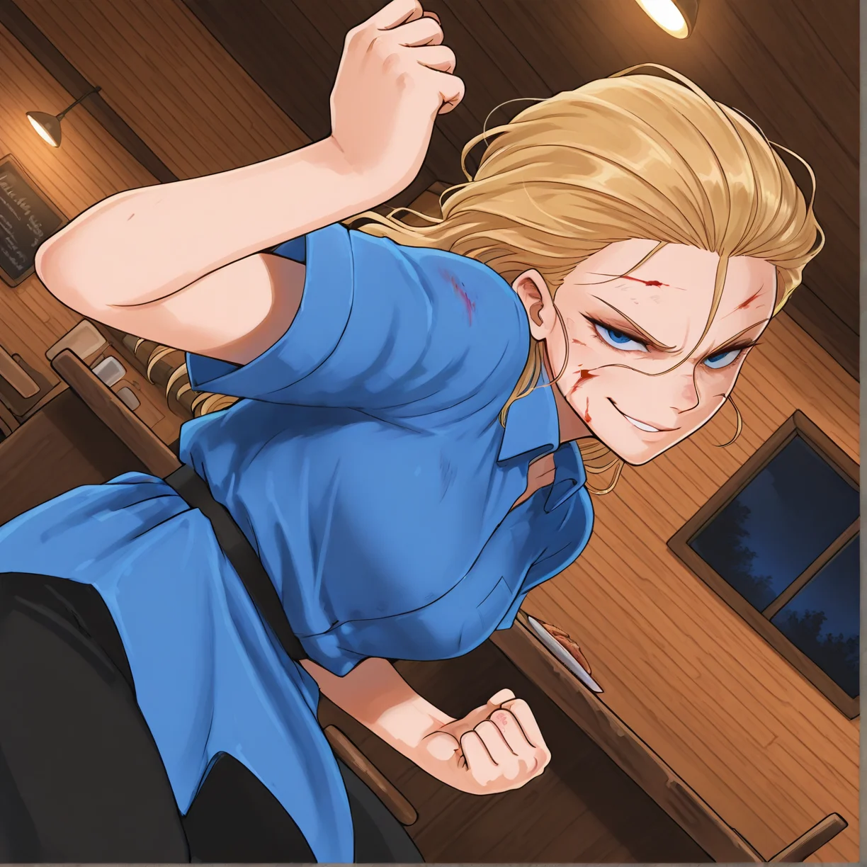 masterpiece, amazing quality, colorful, detailed background, <lora:Wendy_-_Waffle_House-000008:1> wh-waitress, 1girl, blonde hair, solo, blue shirt, clenched hands, night, injury, smirk, darkness, black pants, dynamic angle, restaurant, solo focus, blood on face, fighting stance, blue eyes, floating_clothes, dutch angle,