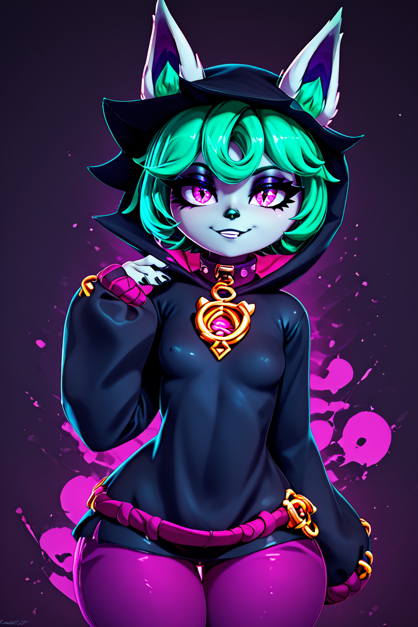 score_9, score_8_up, score_8, medium breasts, (curvy), cute, eyelashes,       BREAK, ,  zzVex, pink eyes, green hair, bangs, short hair, grey skin, colored skin, black hood, hood up, ears through headwear, white animal ears, black shirt, purple collar, golden ornament, long sleeves, sleeves past wrists, purple pants,  <lora:Vex_PDXL:1.0>,, BREAK, smile, looking at viewer, cowboy shot, ,,, embedding:zPDXL, Expressiveh, ,,, <lora:Zy0n7_PDXL:0.8>, <lora:SDXLFaeTastic2400:0.5>, <lora:Expressive_H-000001:0.4>,