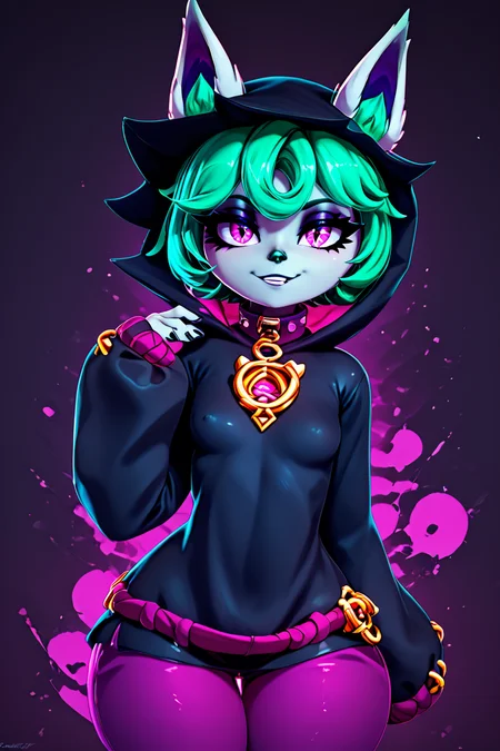 score_9, score_8_up, score_8, medium breasts, (curvy), cute, eyelashes, BREAK, , zzVex, pink eyes, green hair, bangs, short hair, grey skin, colored skin, black hood, hood up, ears through headwear, white animal ears, black shirt, purple collar, golden ornament, long sleeves, sleeves past wrists, purple pants, <lora:Vex_PDXL:1.0>,, BREAK, smile, looking at viewer, cowboy shot, ,,, embedding:zPDXL, Expressiveh, ,,, <lora:Zy0n7_PDXL:0.8>, <lora:SDXLFaeTastic2400:0.5>, <lora:Expressive_H-000001:0.4>,