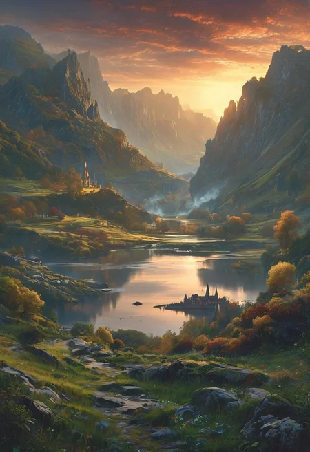 A captivating night scene illustration featuring Camelot large  hill overlooking a lake in Wales.   Camelot ancient but well maintained and updated and comfortable to live in.  This enchanting artwork captures a serene and peaceful early morning, where the sun is just starting to rise over the beautiful hills and Camelot  which   stands resolute amidst hills of Wales, creating a cinematic experience back to the times of King Arthur and his knights, 
 illustration, cinematic
<lora:DonM3t3rn1tyXL-v1.1:0.7>, DonM3t3rn1tyXL,
OverallDetailXL  <lora:MJ52:0.3>  <lora:SDXLFaeTastic2400:0.4>  <lora:EpicF4nta5yXL:0.7>