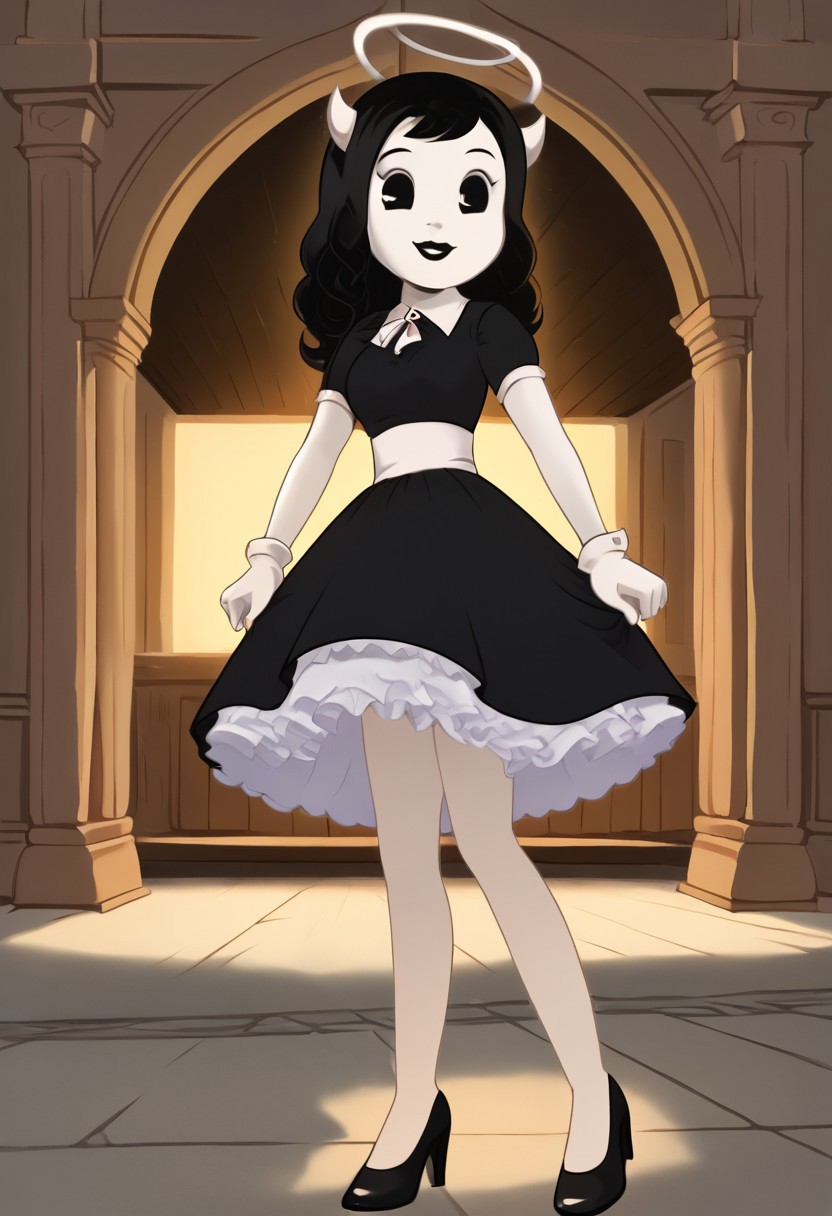 (Masterpiece, best quality:1.2), score_9, score_8_up, flat color, flat shading, soft shading, lighting, Alice Angel in a 1950's dress with a button down top, a fluffy frilly ruffled full petticoat, and high heels, dress, layered petticoat, frilly petticoat, fluffy petticoat, full petticoat, wide dress, flowing dress, solid colored skirt, short sleeves, black hair, Bendy and The Ink Machine, series accurate, cute, best high quality, high res, black lips, white colored skin, whole body shot, 1girl, solo, outside, standing straight, in a garden, cute, adorable, smile, low angle upskirt shot, cartoon, cartoon style, vector, solo, circle dress, 1950s, alice angel