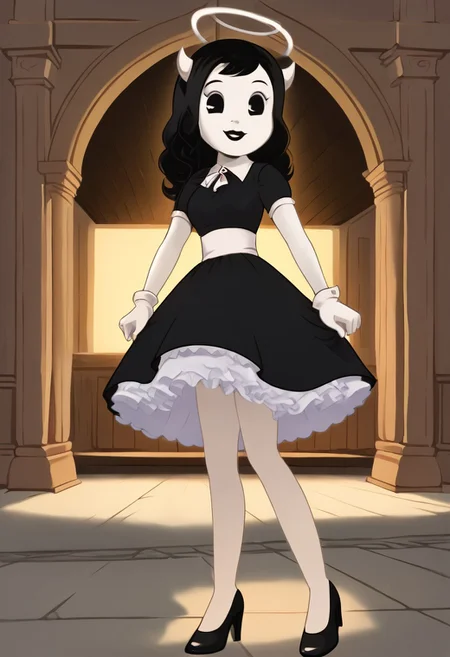 (Masterpiece, best quality:1.2), score_9, score_8_up, flat color, flat shading, soft shading, lighting, Alice Angel in a 1950's dress with a button down top, a fluffy frilly ruffled full petticoat, and high heels, dress, layered petticoat, frilly petticoat, fluffy petticoat, full petticoat, wide dress, flowing dress, solid colored skirt, short sleeves, black hair, Bendy and The Ink Machine, series accurate, cute, best high quality, high res, black lips, white colored skin, whole body shot, 1girl, solo, outside, standing straight, in a garden, cute, adorable, smile, low angle upskirt shot, cartoon, cartoon style, vector, solo, circle dress, 1950s, alice angel