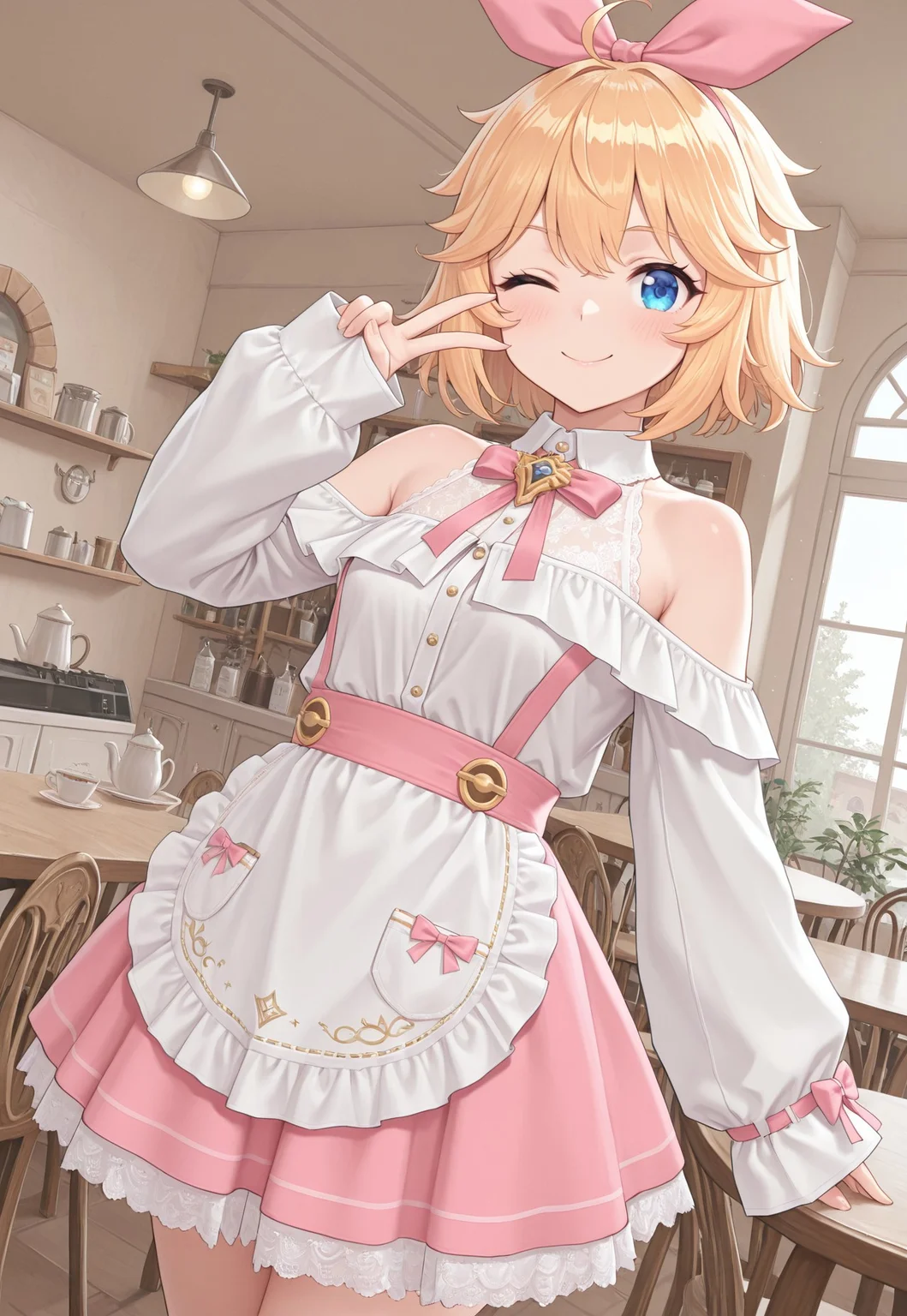 highres, best quality, masterpiece, cafe, indoor, pink theme,  masterpiece, best quality, 1girl, solo, looking at viewer, KRAnnette,  blue eyes, blonde hair, pink skirt, maid dress, long sleeves, pink bow, apron, lace trim, hair bow, sleeves past wrists, best quality, masterpiece, dynamic angle, masterpiece, best quality, amazing quality, very aesthetic, absurdres, newest, smiling,  masterpiece, best quality, amazing quality, very aesthetic, absurdres, newest, v, one eye closed
