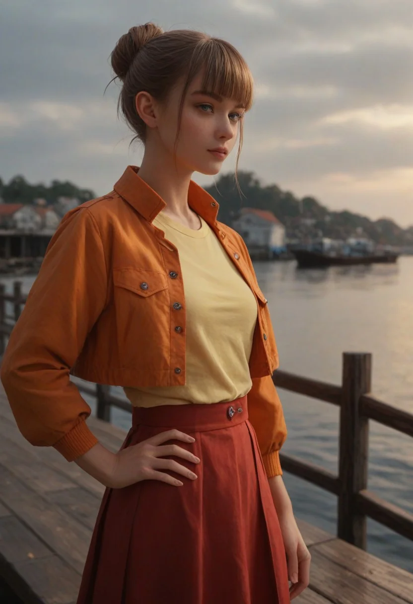 score_9, score_8_up, score_7_up, score_6_up,
1girl, 25 years old, perfect face, (adult), sexy,
light brown hair, blunt bangs, hair bun,
grey eyes,
orange jacket, yellow shirt, red skirt,
hand on own hip,
pier