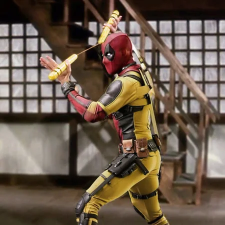 Deadpool1024, a man holding a nunchakut in his hands <lora:Deadpool1024-000280:0.8>