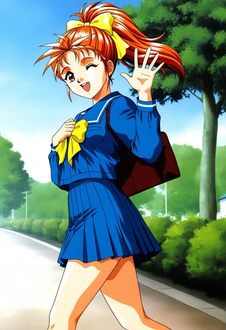 <lora:Saotome_Yumi_PONYXL:1>, general,highres, ultra-detailed,very aesthetic,masterpiece, best quality, 1990s (style),1girl, solo,
Saotome_Yumi, brown eyes, orange hair, hair bow, high ponytail, long hair, small breasts,
school uniform, blue serafuku, blue skirt, Yellow bow, hand on own chest, sailor collar, blue sailor collar, smile, long sleeves, pleated skirt, outdoor, tree, sky,waving, one eye closed, walking, from side, looking at viewer,schoolbag,holding,