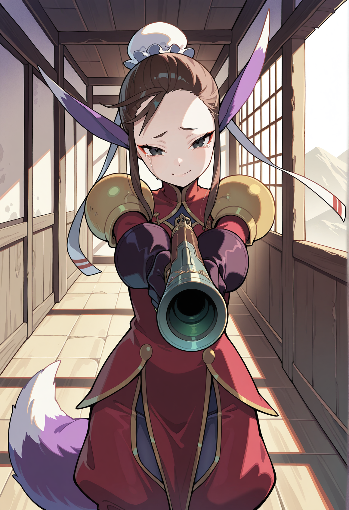 1girl, solo, brown hair, black eyes, sidelocks, single hair bun, bun cover, eyeliner, pointy ears, animal ears, fox tail, chinese clothes, shoulder pads, pants, elbow gloves, boots, indoors, head tilt, sad smile, tears, holding gun, aiming at viewer,  <lora:ursula_illus_bof:1>, masterpiece, best quality, amazing quality, very aesthetic, absurdres, highres, newest