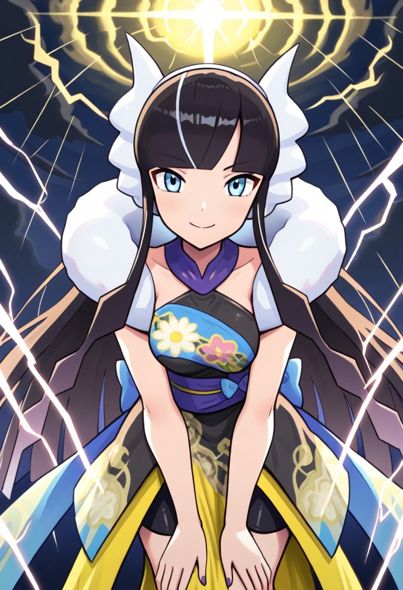 hinosaki, [[[pokemoa, gonzarez, leveen]]], 2d, masterpiece, best quality, amazing quality, 1girl, solo, close-up, standing, smile, upper body, leaning_forward, looking at viewer, multicolored background, sparkle, gradient background, colorful background, electricity, sparks, dark clouds, thunderstorm, ssaelesa, blue eyes, long hair, black hair, multicolored hair, sidelocks, headphones, fur collar, halter dress, sleeveless, bare shoulders, black shorts, japanese clothes, blue sash, purple nails