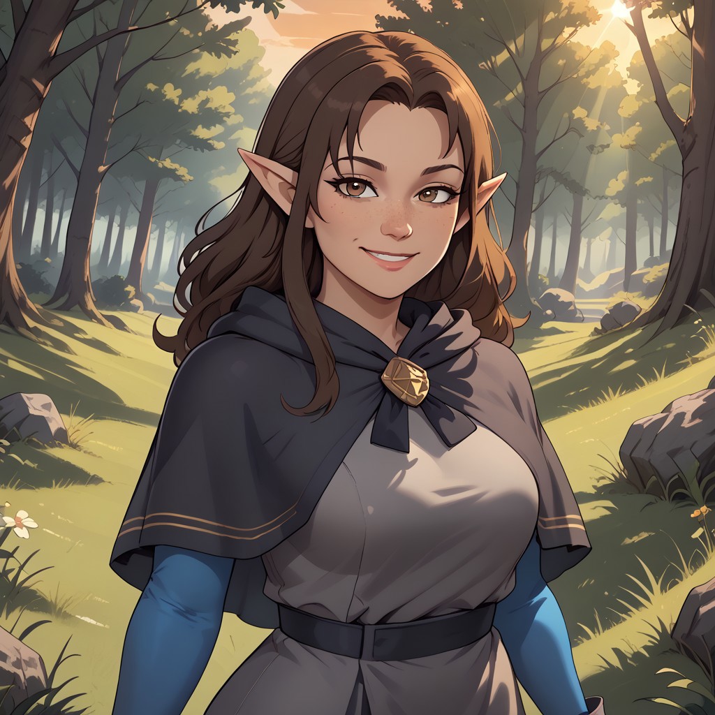 score_9, score_8, BREAK, Bo, pale cream skin, dark brown eyes, freckles, brown shoulder-length hair, pointy ears, blue sleeves, blue leggings, hexside uniform, grey tunic, hooded capelet, adult female, mature female, breasts, sexy pose, self portrait, smile, outdoors, sunlight, shadows, evening lighting, natural lighting, forest, trees, grass, orange sky, sunset