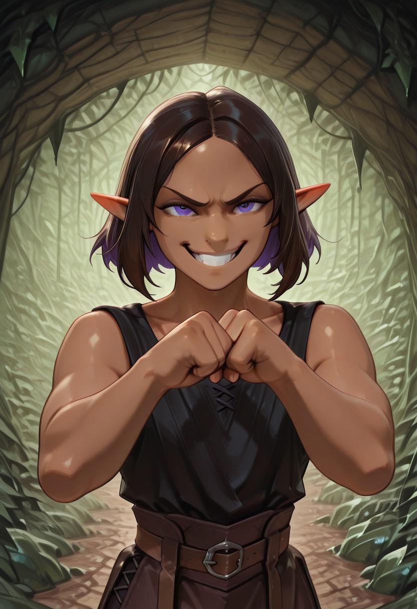 1 Lapanya, solo, Repeta, violet eyes, black sleeveless top,
Grinning, 
Fighting pose, fists,
Medieval style, Smooth colors, detailed eyes, organic cavern background, clean lines, high quality, best quality, masterpiece, rating: safe,  
source: anime,