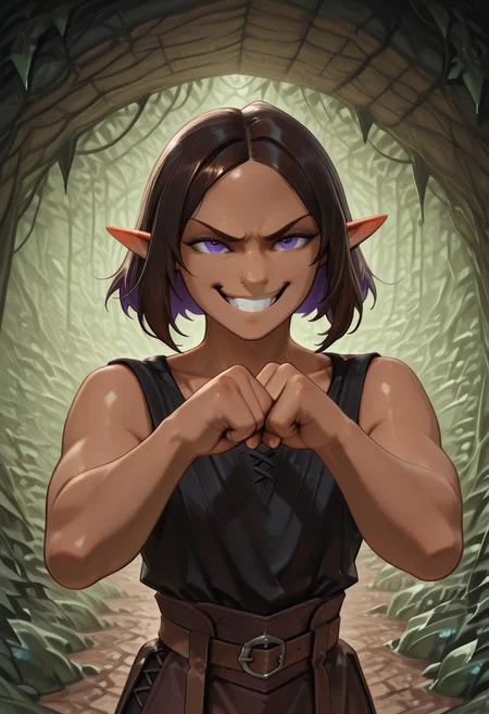 1 Lapanya, solo, Repeta, violet eyes, black sleeveless top,
Grinning,
Fighting pose, fists,
Medieval style, Smooth colors, detailed eyes, organic cavern background, clean lines, high quality, best quality, masterpiece, rating: safe,
source: anime,