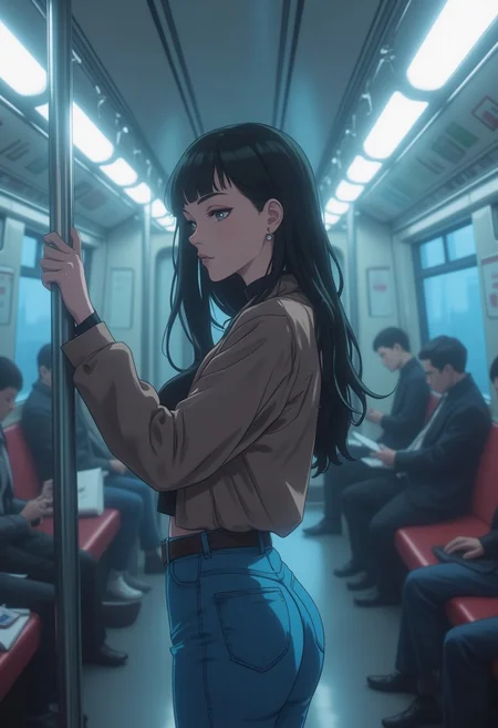 (masterpiece, best quality, ultra detailled, detailed face, pretty girl, (flat cheat:1.2,) slim waist, medium hips)
(((adorable, cute, kawaii)), A young japanese female in her early twenties, standing on her feet in the aisle of a train. Her long hair, flowing down to her waist, frames her delicate features, including her petite nose and pursed lips. She has a slim waist and medium hips, accentuated by her loose blue-jeans that hug her curves gently. Her flat chest is barely visible beneath her unbuttoned jacket, adding to her boyish figure. The young woman's hands are securely gripping onto the metal bar above her, providing stability and support as the train continues its journey. The background shows a blurry vision of the train car, with other passengers seated and standing around her, going about their business. The fluorescent lights above cast a cold, harsh glow on her face, emphasizing her focus and determination to remain connected and entertained during the ride. View from the side., cute moe anime character portrait, adorable, featured on pixiv, kawaii mo masterpiece, cuteness overload, very detailed, sooooo adorable!!!, absolute masterpiece