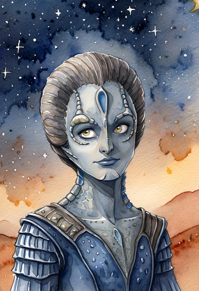 ((watercolor sketch) of a female c4rd45514n alien, forehead crest, grey skin, ridges, scales), black starry night time sky background full of stars, dressed in medieval garb