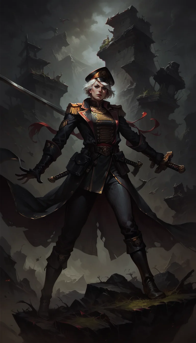 score_9, score_8_up, score_7_up, 1 1girl, detailed face, short white hair, warscape, war, , dynamic pose, in movement, sword, standing on a giant stone, standing on cliff,
from from belov,
<lora:commissar_uniform_WH40K:0.8>, commissar uniform, long coat, commissar hat
<lora:Concept Art DarkSide Style LoRA_Pony XL v6:0.8> concept art, realistic, dark theme, low light,