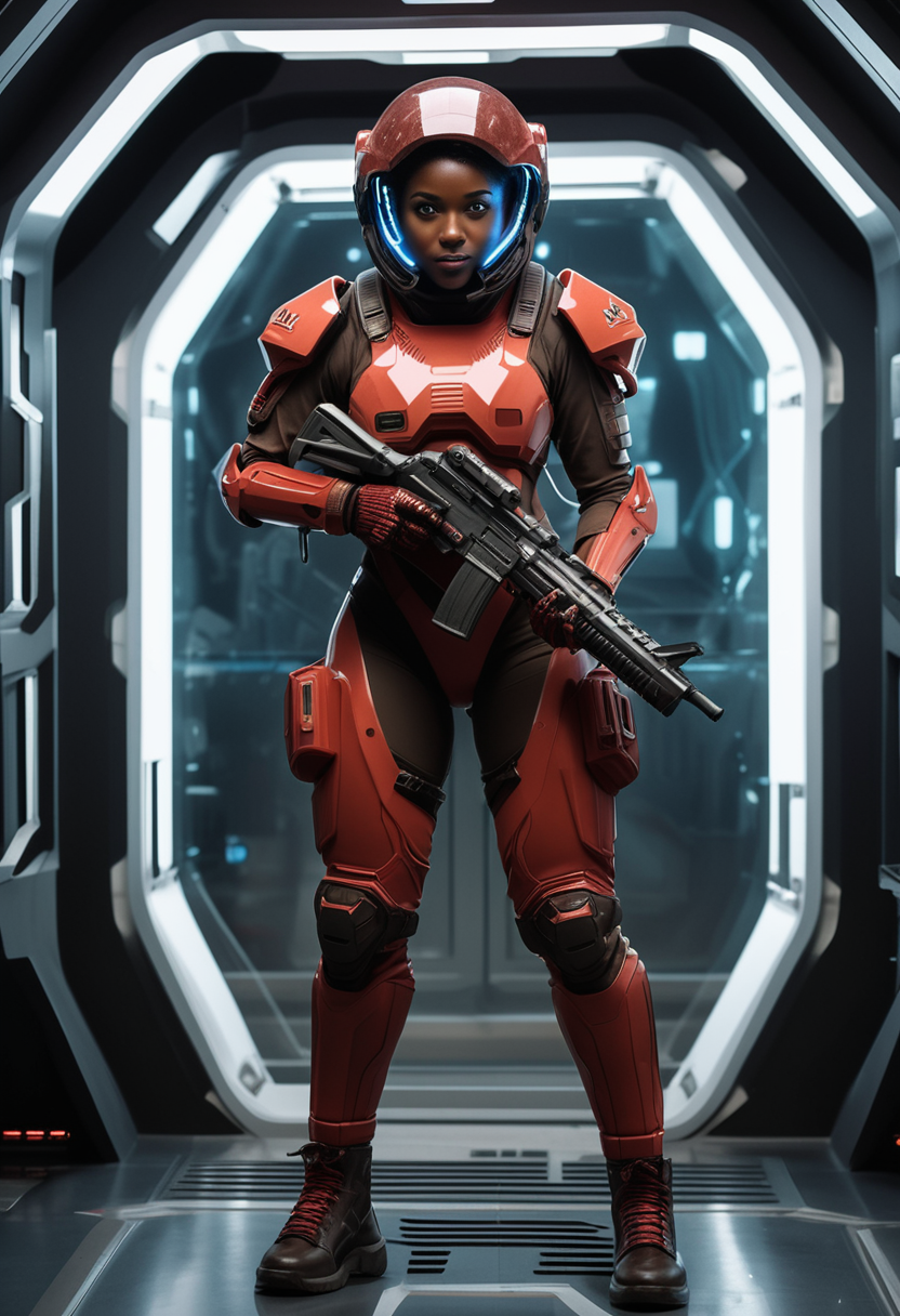(medium full shot) of (futuristic futuristic soldier) young woman, full-figured build, short brown hair, african, dark skin, brown eyes, wearing a combat helmet with communication gear, Plasma-infused red advanced combat exo-suit with telekinetic barrier, combat boots, wielding a  pulse pistol, energy shield energy gloves, set in  spaceship observation deck, with dim lighting, a few scattered chairs, the stars slowly drifting by outside  , woman smiling, ,Masterpiece,best quality, raw photo, realistic, very aesthetic