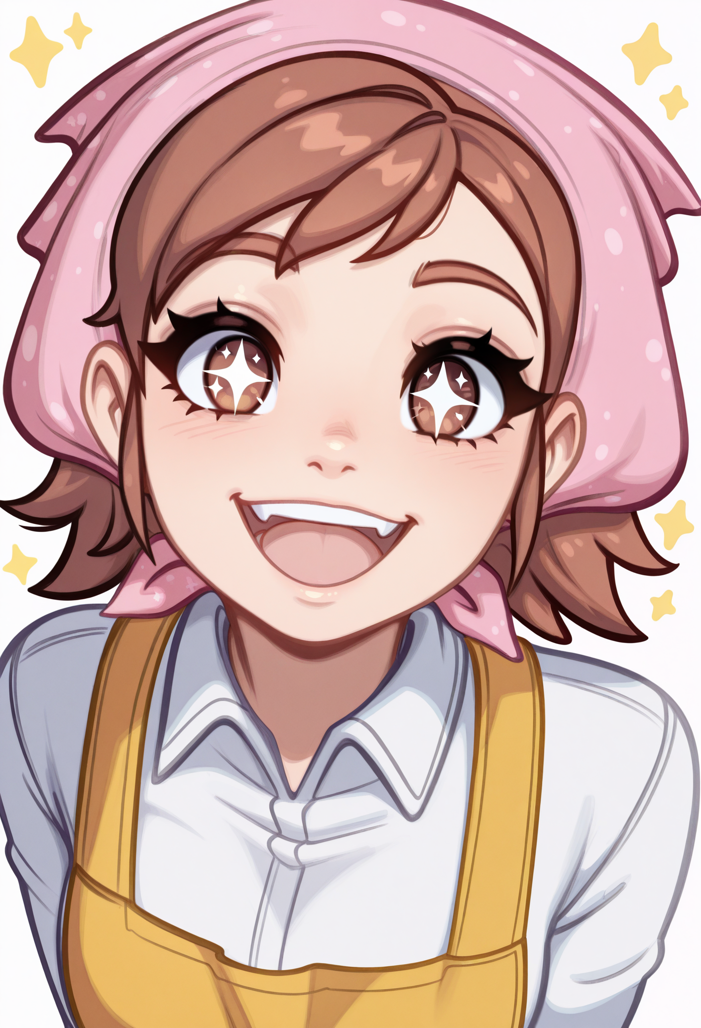 1girl, solo, looking at viewer, white background, smile, sparkling eyes, happy, portrait, open mouth, 
brown hair, short hair, brown eyes, bandana, head scarf, 
yellow apron, white shirt, long sleeves, collared shirt, 
masterpiece, best quality, <lora:mama_(cooking_mama)-guy90-Illust-LoraV2:1>, amaooc, <lora:Blushyspicy-guy90-IllustriousV101:1>, yciblu