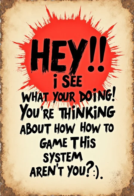 angry gritty splash text graphic pamphlet given to cheaters that reads: "HEY!!! I SEE what you're doing!! You're thinking about how to game this system, aren't you!? ;)"
