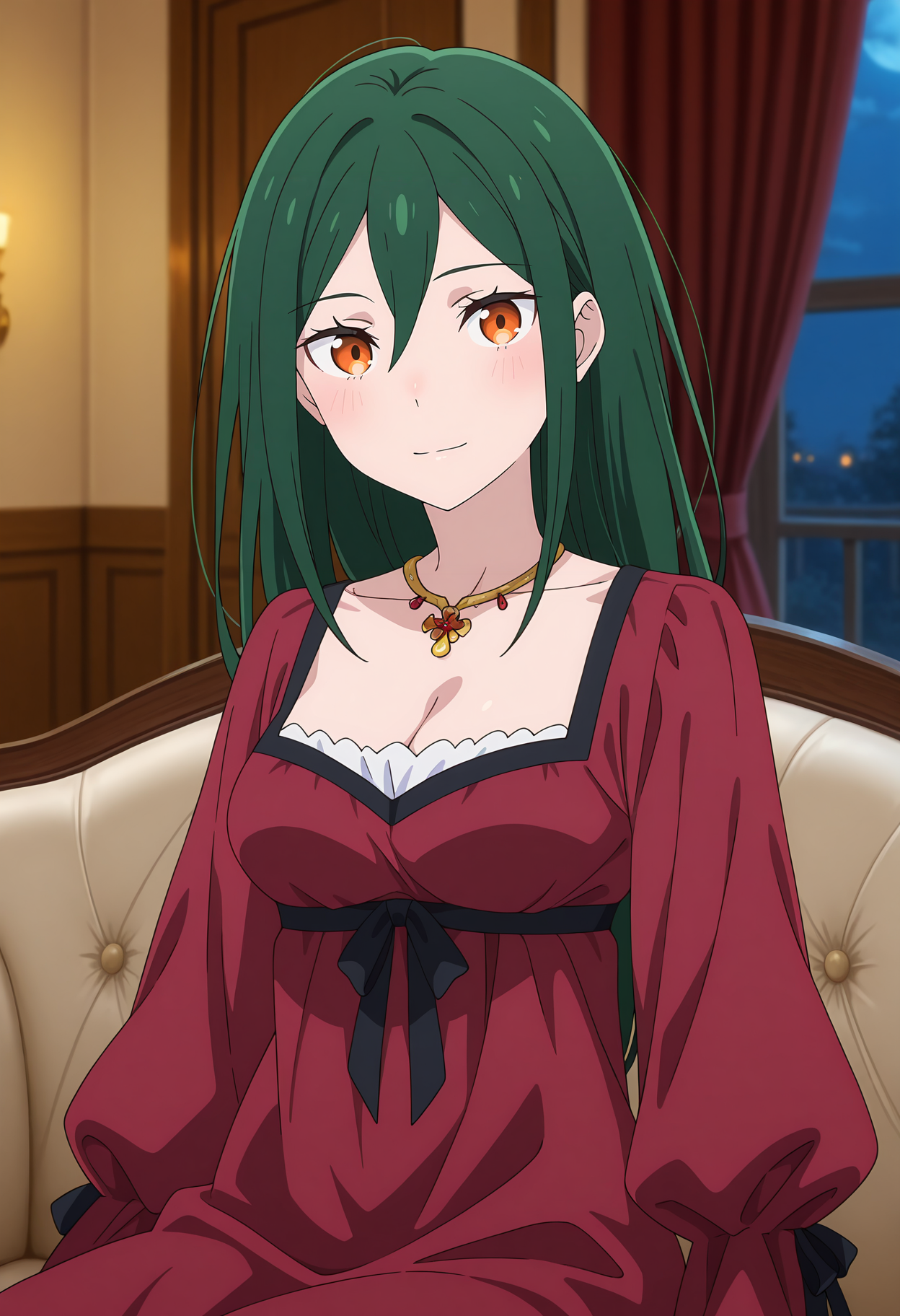anime screencap, masterpiece, best quality,
<lora:ReZero_CrushKarsten_IlluXL:0.9>,
1girl, solo, closed mouth, light smile, blush,
hair between eyes, long hair, green hair, orange eyes,
collarbone, gold necklace, red dress, cleavage, medium breasts, underbust, dress ribbon, black ribbon, puffy long sleeves,
sitting, couch, looking at viewer,
indoors, night, medieval, curtains, photo background, blurry background
