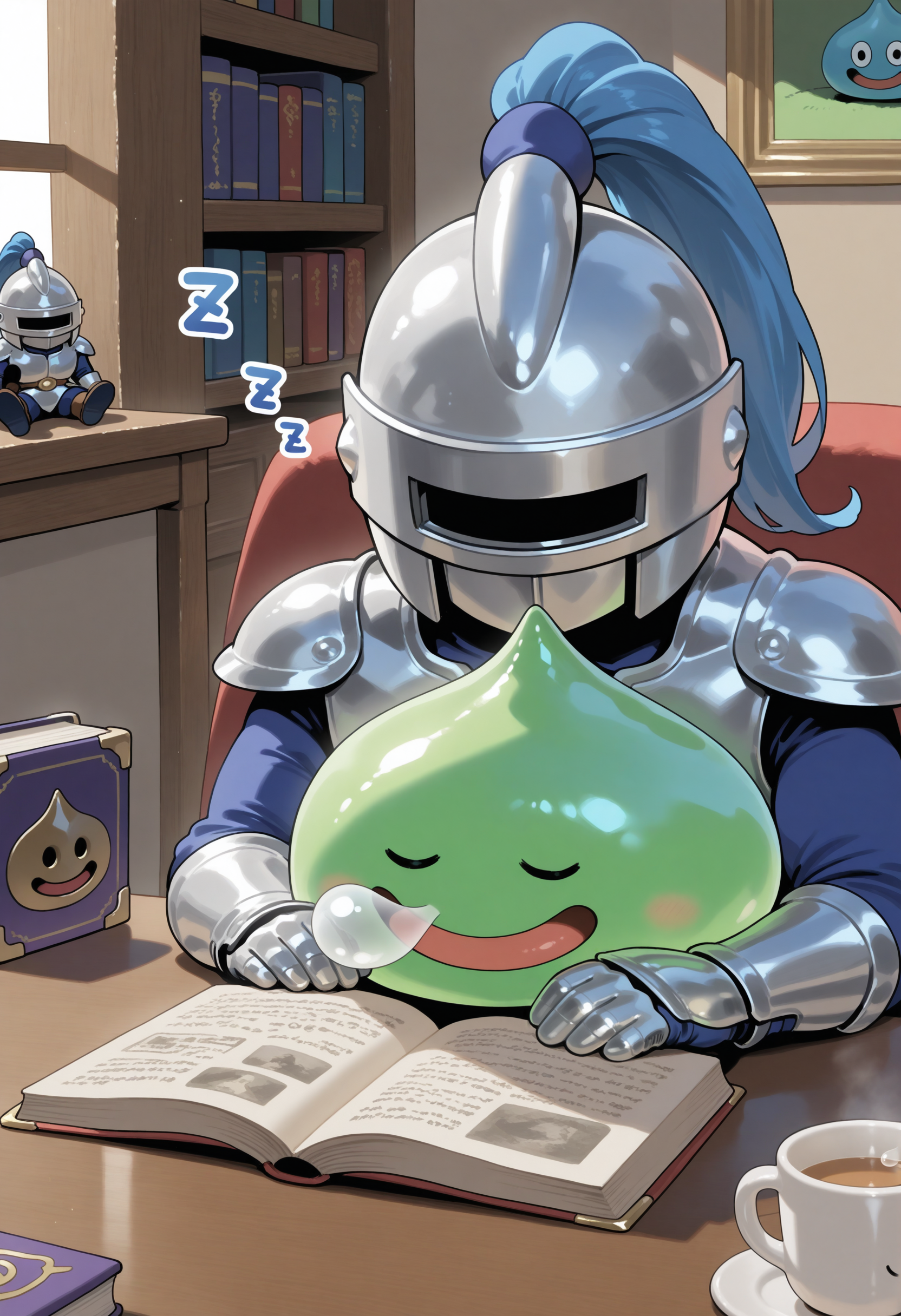 masterpiece,best quality,indoor,living room,table BREAK slime knight,slime_(dragon_quest),armor,helmet,knight,green skin,<lora:slime knight-NAIvPred:0.9>,book,reading,cup,closed eyes,nose bubble,sleeping,zzz,