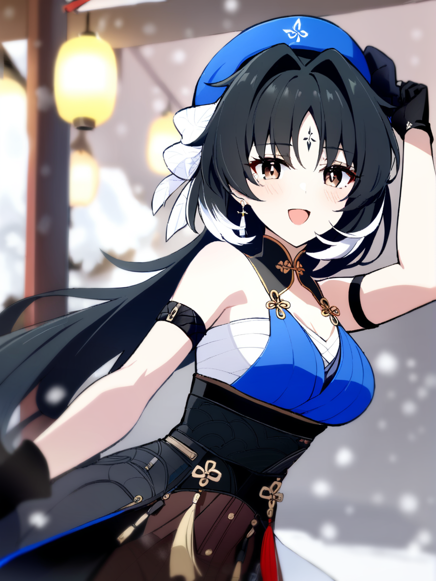 1girl, 
yangyang \(wuthering waves\),  
solo, outdoors, open mouth, brown eyes, chinese clothes, upper body, white shirt, hair between eyes, hair intakes, parted bangs, blush, :d, black hair, hat, blurry background, arm strap, long hair, bare shoulders, smile, blue hat, snow, looking at viewer, blurry, shirt, gloves, black gloves, tassel, arm up, snowing, ribbon, hair ribbon, 
masterpiece, best quality,  safe
 <lora:mki-ani3-yangyang-v3:1>