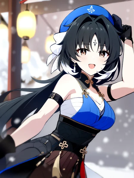 1girl,
yangyang \(wuthering waves\),
solo, outdoors, open mouth, brown eyes, chinese clothes, upper body, white shirt, hair between eyes, hair intakes, parted bangs, blush, :d, black hair, hat, blurry background, arm strap, long hair, bare shoulders, smile, blue hat, snow, looking at viewer, blurry, shirt, gloves, black gloves, tassel, arm up, snowing, ribbon, hair ribbon,
masterpiece, best quality, safe
<lora:mki-ani3-yangyang-v3:1>
