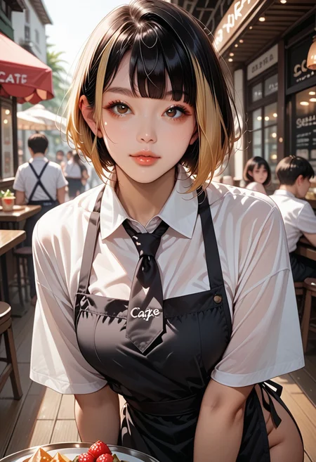 score_9, score_8_up, score_7_up, RND futa, asian girl, round face, droopy eyes, tareme, 22yo, black hair, multicolor hair, bob cut, bangs, gold hair, short hair, boy hair, big bright eyes, brown eyes, light makeup, half lips, slim, medium perky breasts, perfect ass, BREAK (black apron, white shirts, tie), serving food, silver tray, quiet cafe, posing, eye_focus, solo, looking_at_viewer, front view,