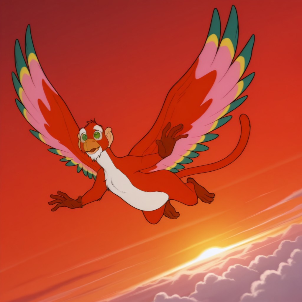 ((masterpiece, best quality, amazing quality,)) NiddlerPoDWil, semi-anthro, male, avian monkey, red feathers, wings, green eyes, white goatee, flying, in sky