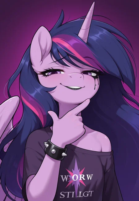 masterpiece, best quality, amazing quality, very aesthetic, absurdres, newest, solo. pony, mare, princess twilight 2, horn, wings, purple eyes, dark purple hair, long hair, spread_wings, simple_background, braclet_on_hoof, bracelet with spikes, wearing_t-shirt, t-shirt_folds, hair color stripes, black_color_stripes, messy_hair, black_lipstick, hoof_near_face, black_makeup, anthro, bare shoulder shirt, close_up, smug_face, rock_and_roll_gesture,