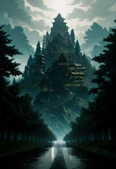 score_9, score_8_up,nohuman,muted colors,east asian,outdoors,(scenery),out door,cloudy sky,(cool, muted tones:0.9),buddhism,east asian architecture,mist,mystical ambiance,waterfall cascading through dense forest,weathered buddha statue,broken statue,Images presented to scenery,river,many  statue,wide-angle view,expansive scenery,rolling hills,lush vegetation,vine,
year2022,year2023,year2024,newest,very aesthetic,cinematic lighting,raytracing,high contrast,detailed light ,beautiful detailed glow,best shadow,intricate details,hyperdetailed,dim lighting,sharp contrast shadows,8k resolution,
(((masterpiece,best quality,absurdres,highres))) ,[artist:rune xiao],[artist:orie_h]